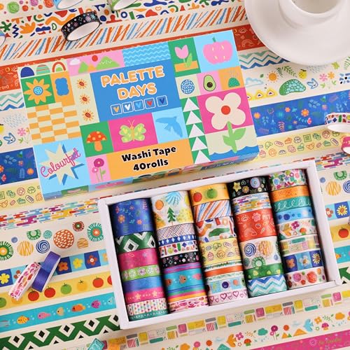 emmoolife 40 Rolls Washi Tape Set, Vibrant Color Palette-Themed Cute Decorative Tapes for Scrapbooking, Bullet Journaling, Junk Journal Supplies, DIY Planner Art, 5-30mm Wide - style: Colorful Palette