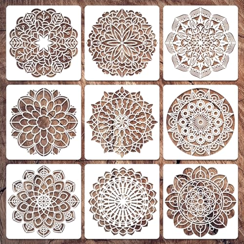 Mandala Stencils, 9pcs Reusable Plastic Mandala Dotting Templates for DIY Art, Home Decor & Crafts (4x4in)