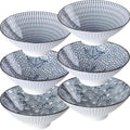 38 oz Japanese Ramen Bowls Set of 6, Large Pho Bowls, 8 Inch Ceramic Blue and White Soup Bowls, Mixing Pattern - color: Mixing Pattern