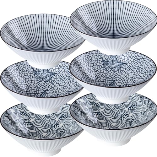 38 oz Japanese Ramen Bowls Set of 6, Large Pho Bowls, 8 Inch Ceramic Blue and White Soup Bowls, Mixing Pattern - color: Mixing Pattern