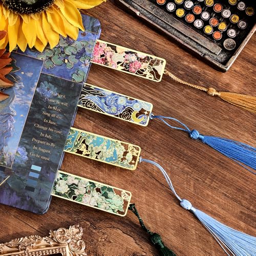 icceemee 8 Pieces of Gold Hollow Bookmarks with Tassels, Featuring Van Gogh and Monet Oil Painting Themes Perfect for Book Lovers, Writers, Readers, Children, Teenagers, Men, Women, and Adults - style: Oil Painting Theme Set of 8