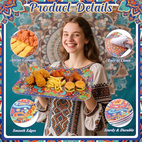 Vesici 4 Pack Mandala Melamine Serving Trays, 13 x 10 Inch Rectangular Decorative Platters with Colorful Bohemian Patterns, Durable Serving Plates for Snacks, Appetizers, Parties & Home decoration - style: Mandala