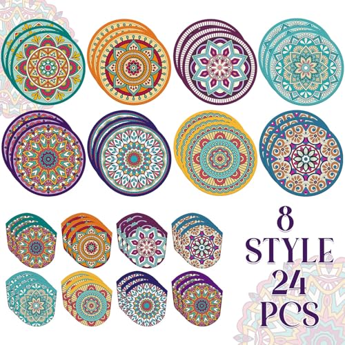 Gejoy 24 Pcs Purple Mandala Flying Disc Foldable Hand Fan Round 8 Styles - color: Purple Mandala