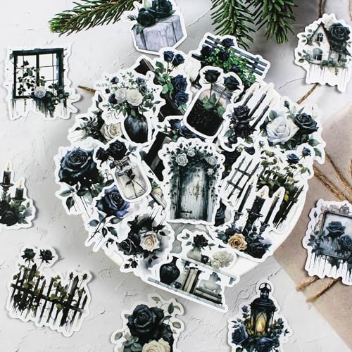 Dark Aesthetic Stickers 80 Pcs, Black Rose Stickers Goth Style Scrapbook Supplies, Water Bottle Vinyl Waterproof Sticker for Bullet Journal Laptop Skateboard Computer Guitar - style: Antique