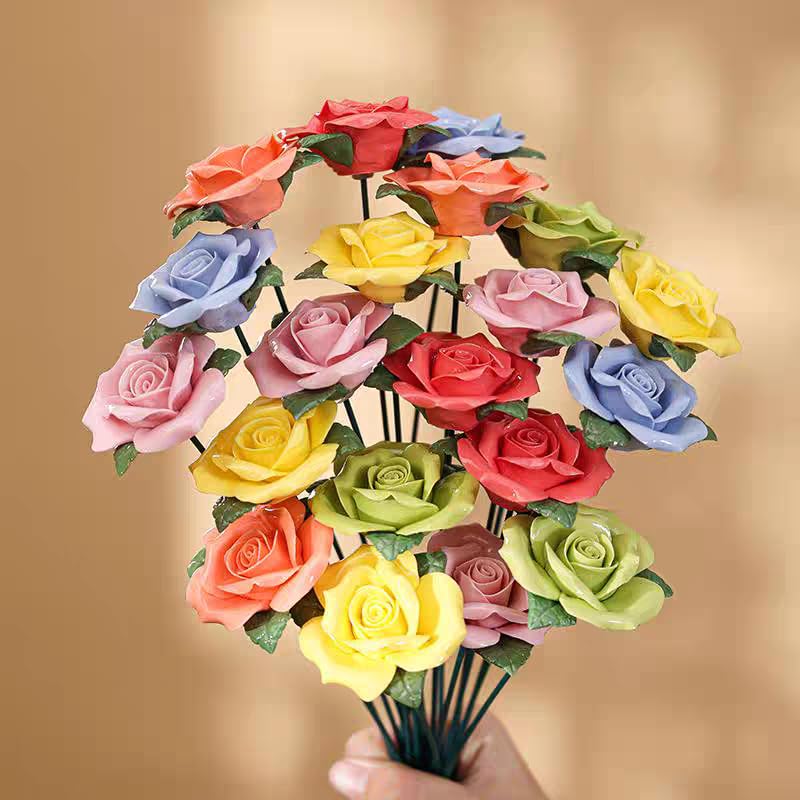 Handmade Porcelain 3D Ceramic Rose Flower, Eternal Flower Decoration for Home Office Decor, Creative Desktop vases, Porcelain Decorations, Set of 12 (Color)