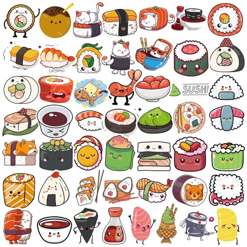 50Pcs Sushi Stickers, Sushi Water Bottle Stickers, Cute Food Sticker Vinyl Waterproof Sticker for Adults Water Bottle Laptop Decor Party Favors Birthday Gifts - color: Sushi