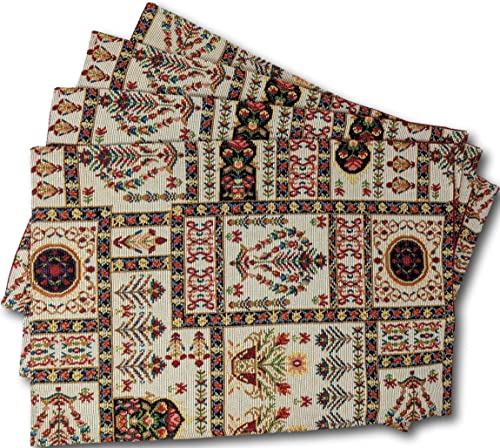 DaDa Bedding Elegant Floral Tapestry Placemats - Set of 4, Mughal-Inspired Woven Cotton Linen Dining Mats, Multi-Colored Vintage Garden Design - 13” x 19 - color: Light Botanical