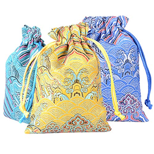 PINOWU 10pcs Silk Brocade Jewelry Pouch Bag 4x5.5 for Wedding Party Favors, Drawstring Coin Purse Embroidered Sachet Candy Chocolate Bag for Christmas New Year Birthday Party (Thick)