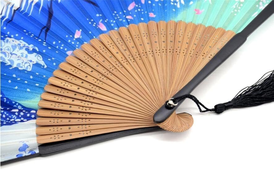 Folding Hand Fan for Women - Foldable Chinese Japanese Vintage Bamboo Silk Fan - with Tassel and Pouch, Perfect for Decoration, Dance, Wedding,Music Festival，Party and Gifting (Night) - color: Night