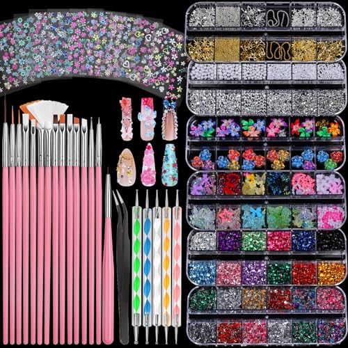 FANDAMEI Nail Charms and Nail Brushes, Nail Accessories Kit with 15 Pcs Nail Art Brushes, 6 Box Nail Charms and Gems, 10 Pcs Flower Nail Stickers, 5 Pcs Dotting Tools, Nail Art Kit with Nail Brush - color: pink