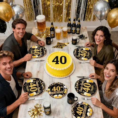 96Pcs Black Gold 40th Birthday Party Decorations,Serves 24 - style: Beer Black Gold 40th Birthday