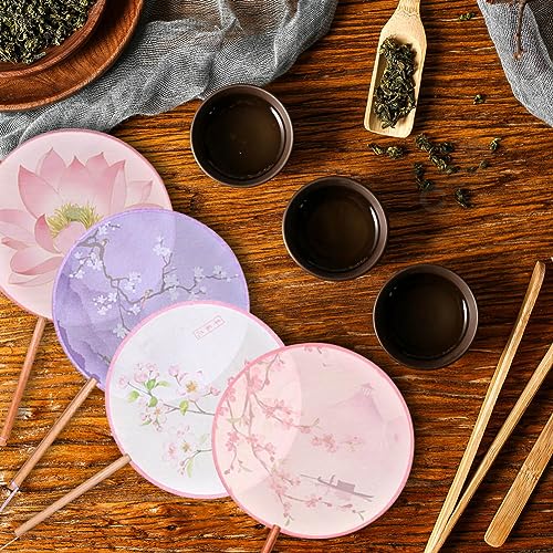 BAOZOON 4 Pcs Silky Translucent Ancient Round Fan Classic Silk Hand Held Fan Floral Pattern Palace Paddle Dance Fan with Tassel Wooden Handle Wedding Favor Gift Home Decor - color: Red