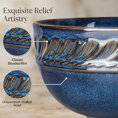 Artena Soup Bowls 32 OZ, Cereal Bowls Set of 4, Embossment Ceramic Ramen Bowl for Salad, Dinner, Pho, Noodle, Pasta, Snacks, Dishwasher Microwave Safe, 6.3 Inch, Willow Leaf, Blue - color: Blue (Willow Leaf), size: 32 OZ