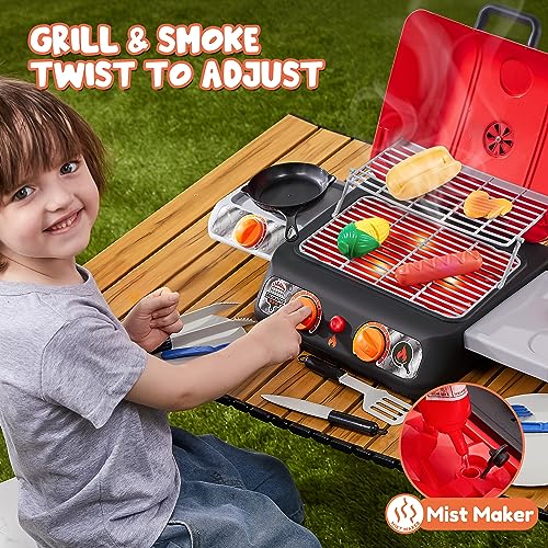 Kids BBQ Grill Playset, Kitchen Toy Set with Pretend Smoke, Light, Sound & Color-Changing Food, Play Kitchen Accessories, Indoor Outdoor Cooking Toy for Boys Girls Kids Birthday Gift