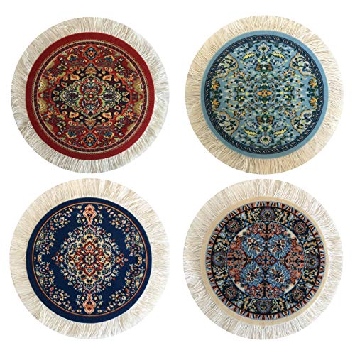 Turkish Rug Coasters Set of 4 – Round Carpet-Style Drink mats with Fringe, Non-Slip Backing, Decorative Home Accent | Dining Accessory - color: Set-3
