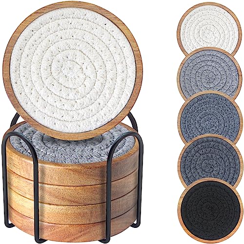 Wood Coasters for Drinks, Eykao Absorbent Coaster Sets of 5, Woven Drink Coasters for Coffee Table, Housewarming Gift for Farmhouse Home Decor,4 inches - color: Grey (With Holder)