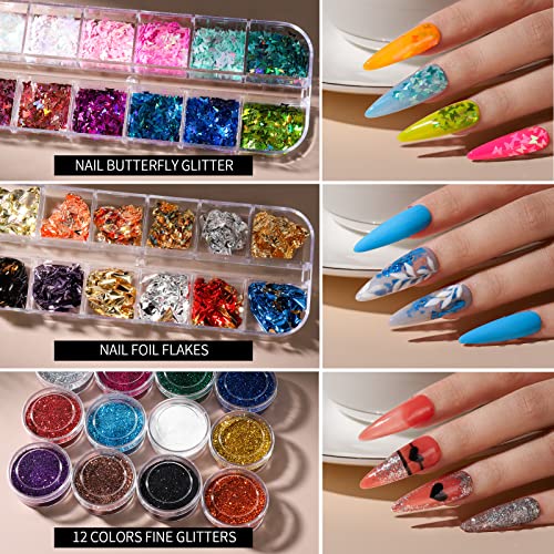 FANDAMEI Nail Art Brush, Nail Design Tools Kit with Nail Art Brushes, Nail Dotting Tools,Fine Glitter,Nail Butterfly, Nail Heart Sequins, Foil Flakes, Nail Art Rhinestones, Nail Art Decoration Kit. - color: B-Black