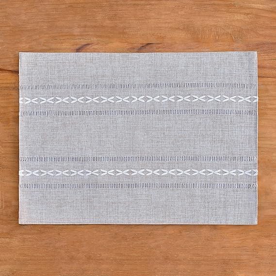 Wracra Cotton Linen Place Mats, Grey Embroidered Placemats Set of 6 - color: Hemstitched Grey, size: Placemats(Set of 6)
