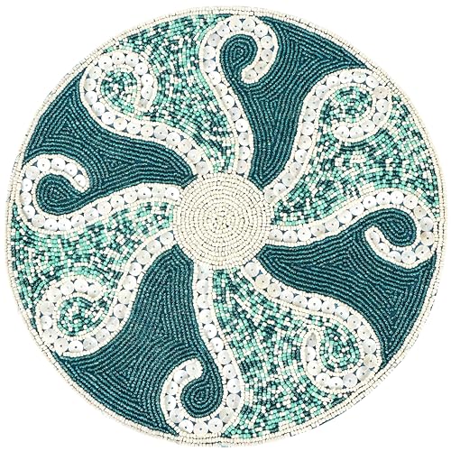 Beaded Placemats 13 Inch Round - Handmade Table Mat for Dining Table, Centerpiece, Wedding, Holiday, Thanksgiving, Gold Silver Beige Glass Beads (Teal Ivory) - ALPHA Living HOME - color: Teal Ivory, size: Set of 1