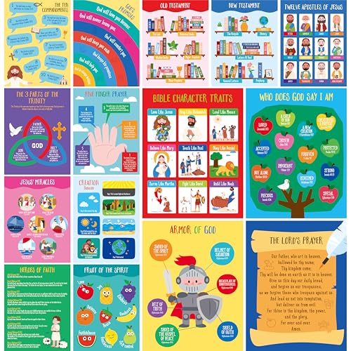 15 Bible Posters for kids, Thick Religious Poster Waterproof & Tear Proof with PET Film, Books of the Bible Poster Sunday School Christian Decoration for Classroom, Bulletin Board (14.5” x 11”) - size: Bible Posters (14.5” x 11”) -A
