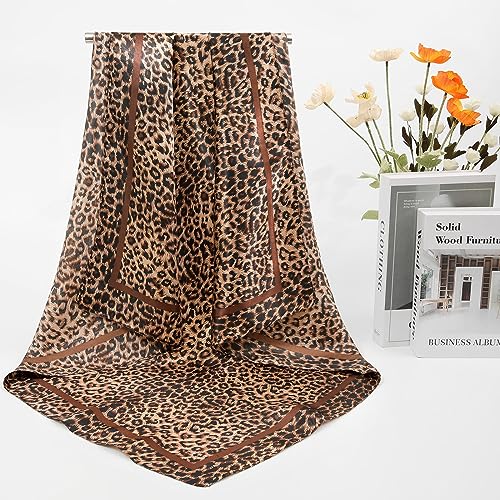 AWAYTR 2-Pack 35" Silk-Like Satin Head Scarves for Women, Square Bandanas - color: Leopard + Black