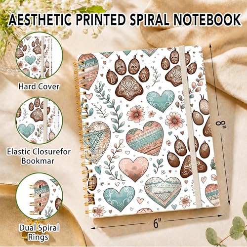 Boho Heart Lined Spiral Notebook, Pretty Hardcover Journal 6'' x 8.4'', Cute Notebook for Women, Work, Writing, Note Taking Gift - color: paws
