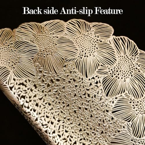 Quantum Love Gold Round Placemats Set of 6 Flower Metallic Circle Vinyl Place Mats 15 Inch Wipeable Hollow Out Table Mat for Anniversary Wedding Events Kitchen - color: Gold Flower