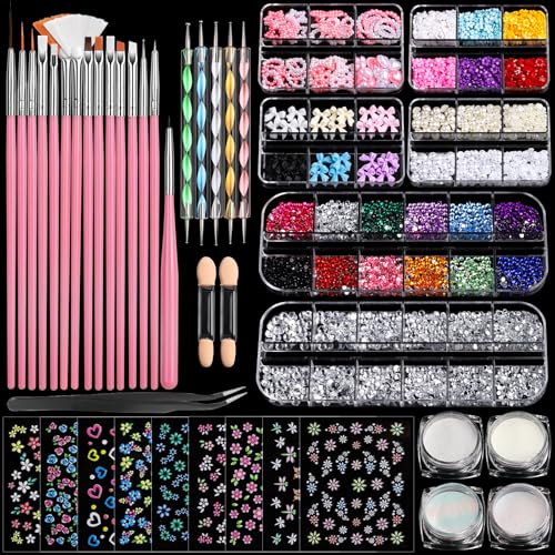 FANDAMEI Nail Art Brushes Set, Nail Art Kit, Nail Design Kit, Nail Dotting Tools, Nail Kit for Beginners, Chrome Nail Powder, Nail Stickers, Nail Rhinestones, Nail Charms Gems Nail Art Decoration Kit - color: Pink