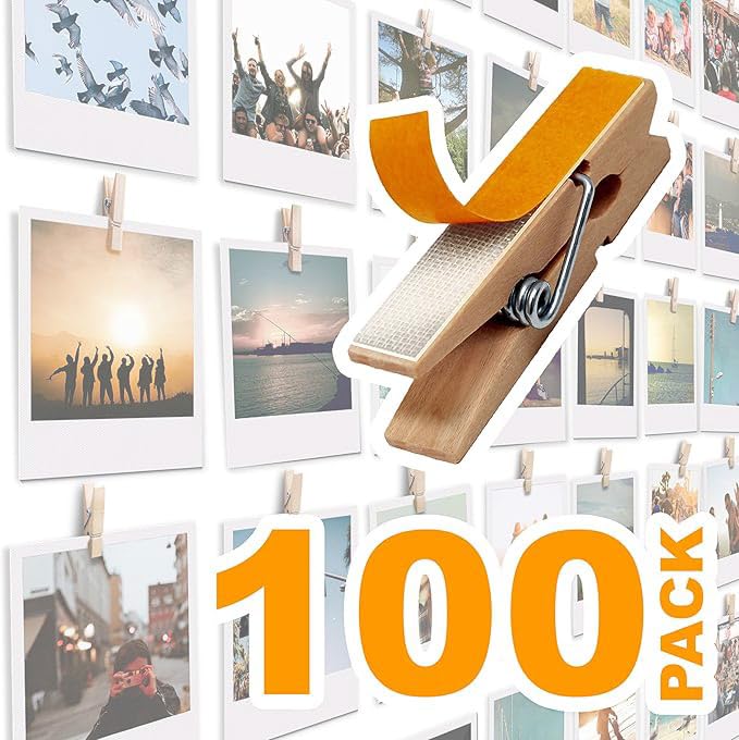 100 Pack Mini Self Adhesive Clips for Pictures - Wood Clip Photo Holders for Wall, Photo Cards Hanging Display Board & Picture Boards, Artwork Photos Holders Hangers Room Decor (Light Wood 100pack) - color: 100 Light Wood