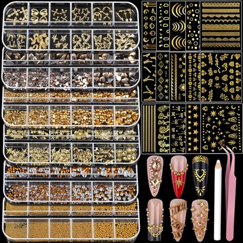 Teentior Nail Charms Gold Rhinestones for Nails with 15 Sheets Gold Nail Stickers, 6 Boxes Nail Gems Pearls for Nails, Cross Nail Charms for Nails Design Nail Art Rhinestones, Caviar Beads for Nails - color: Gold
