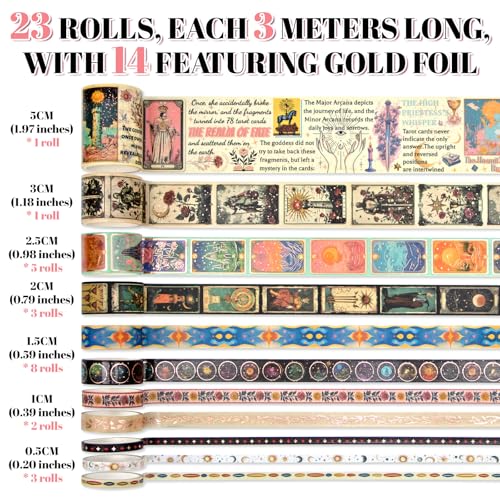 Gold Foil Tarot Washi Tape Set, 23 Rolls Vintage Decorative Washi Tape with 14 Gold Foil Designs, Assorted Widths for Journaling, Scrapbooking, Bullet Journal, Planner, Card Making & DIY Crafts
