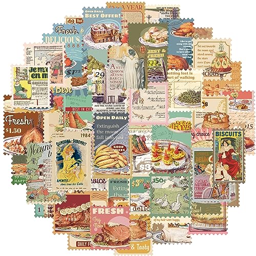 Prstincol 100 Pcs Scrapbooking Stickers,Food Stickers for Scrapbooking,Vintage Stamp Sticker for Journaling,Retro Poster Sticker for Water Bottle Laptop Phones Bullet Journal - style: Food and Poster 100 Pcs