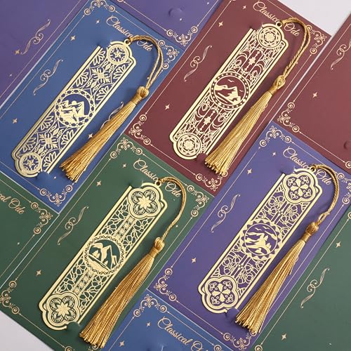 4 Pieces Metal Bookmarks with Tassel Big Size, Golden Vintage Aesthetics Scenery Mountain Theme Book Mark, Bookmark for Women Book Lovers Gift Writers Readers Teens Men - style: 4Pcs Mountain