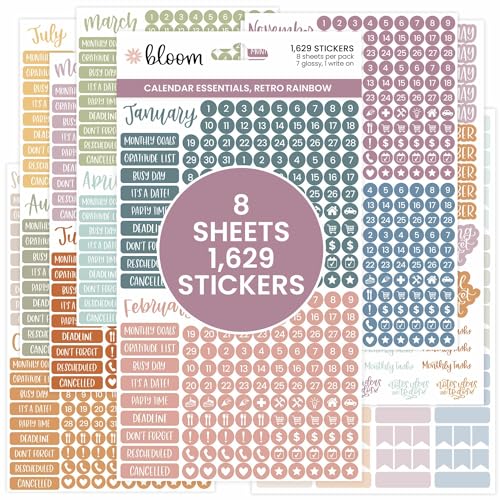 bloom daily planners Calendar Essentials Planner Stickers - 8 Sheets, 1629 Stickers Per Pack! - Color Coordinating Monthly Headings, Dates, Icons, Etc. - Retro Rainbow - color: Retro Rainbow
