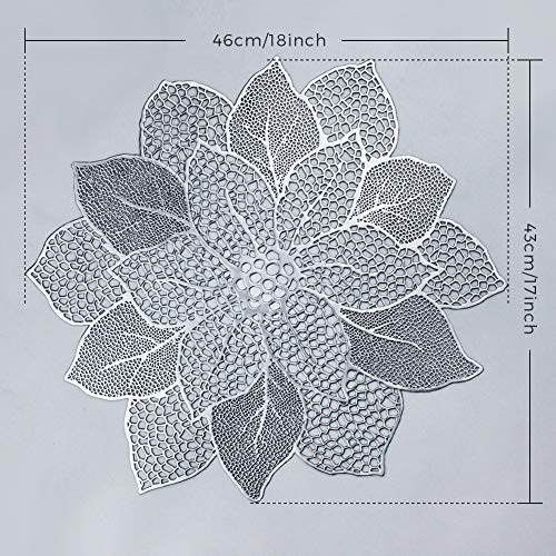 Silver Round Placemats for Dining Table Set of 6 Vinyl Metallic Table Mats - color: A5/Hibiscus/Silver