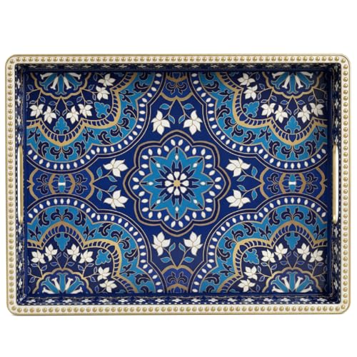 Boho Serving Tray with Handles, Large Rectangular Decorative Ottoman Tray with Gold Beaded Rim, Blue Floral Mandala Design, for Coffee Table, Kitchen Counter, Vanity, 15.7”x11.8” - color: Blue&floral