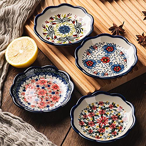 Sizikato 4pcs Porcelain Appetizer Plate, 4-Inch Snack Plate Sauce Dipping Saucer, Exotic Flower Pattern D - color: D