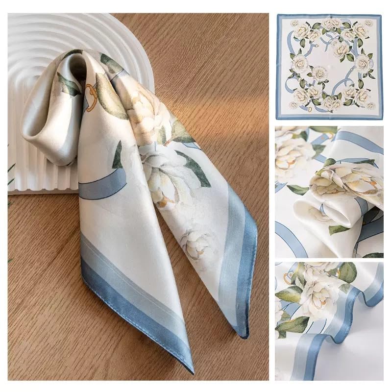 ANDANTINO 100% Mulberry Silk Scarf -21” Square Neckerchief with Gift Packed - color: Floral-pale Blue