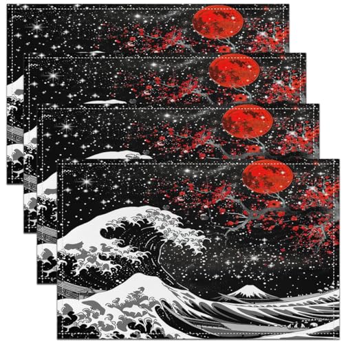 Feelyou Japanese Wave Placemats Set Set of 4 18"x12" - color: Red Black
