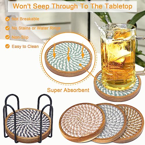 Wood Coasters for Drinks, Eykao Absorbent Coaster Sets of 5, Woven Drink Coasters for Coffee Table, Housewarming Gift for Farmhouse Home Decor,4 inches - color: Colorful (With Holder)