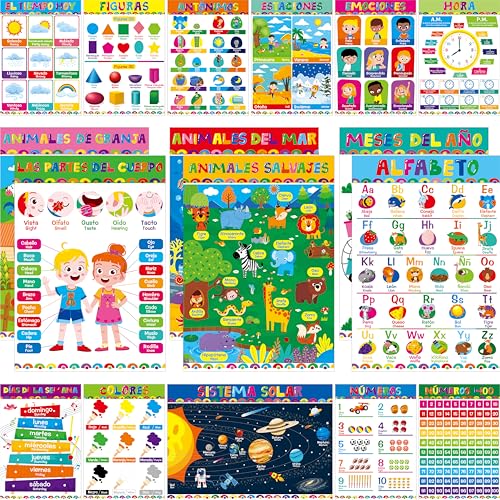 17 Spanish & English Posters, Thick Elementary Bilingual Poster Set, Waterproof & Tearproof with PET Film, Early Learning Tool, Dual Language Educational Posters for School Supplies, Classroom Decor - color: 17 Spanish & English Posters