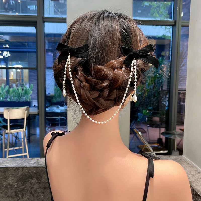Velvet Bow Hair Clips Pearl Tassel Chain Hair Bow Barrettes Black Bows Claw Clip Hairpins Sweet Bowknot Snap Hair Clip Small Cute Alligator Hair Clips Hair Accessories Gift for Women Girls Toddlers - color: Black
