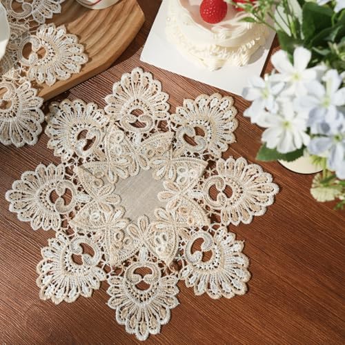 Phantomon 12 Inch Lace Placemats Embroidered Vintage Floral Beige Linen Lace Table Coasters, Decorative Drink Mats for Coffee, Tea & Dining Table, Set of 4