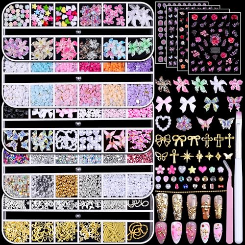 5 Boxes Gold & Silver Metal Nail 3D Punk Studs Flower Petals Heart Bows Star Pearls Rhinestones Nail Charms Nail Art Jewels with Tweezers and Nail Brush and Wax Pen Picker (10-multishapes charms) - color: 10-multishapes charms