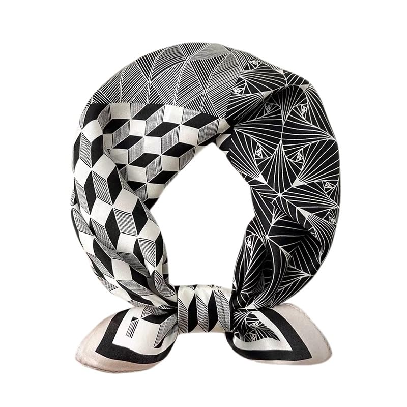 ANDANTINO 100% Mulberry Silk Scarf -21” Square Neckerchief with Gift Packed - color: Geometry - Black&creamy