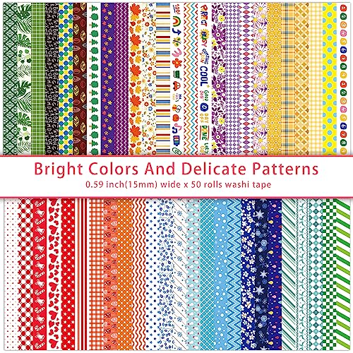 emmoolife 50 Rolls Washi Tape Set, 15mm Wide Rainbow Colored Tape Aesthetic Design Masking Decorative Tape for Scrapbooking Supplies, Bullet Journaling, Junk Journal, Wrapping Planners, DIY Arts Craft - style: Multicolor Style