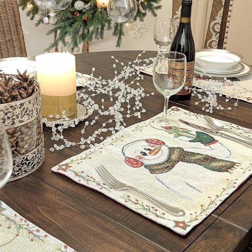 DaDa Bedding Magical Snowman Placemats - Set of 4 Festive Holiday White Tapestry - Cotton Linen Woven Dining Table Mats - 13” x 19” (9733) - color: Snowman