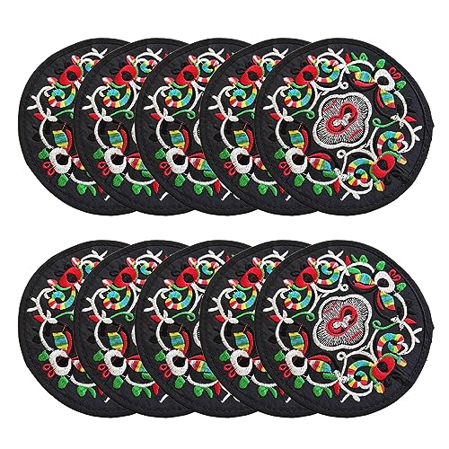 Zhiheng 10 Pack Vintage Ethnic Fabric Coasters Floral Embroidery Cloth Coasters Round Coffee Cup Mat Drink Tableware for Housewarming Party Table Home Decorations (Black) - color: Black