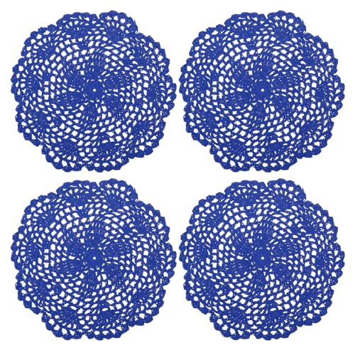 Crochet Doilies, 4Pcs 8 Inch - Handmade Crochet Cotton Coaster, Round Lace Placemats with Floral Patterns for Wedding Party Decoration (Bright Blue)