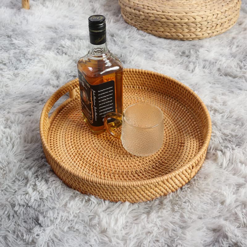 Round Rattan Serving Tray Decorative Woven Ottoman Trays with Handles for Coffee Table Natural (Small 11.8 inch x 2 inch) - color: Natural, size: 11.8"